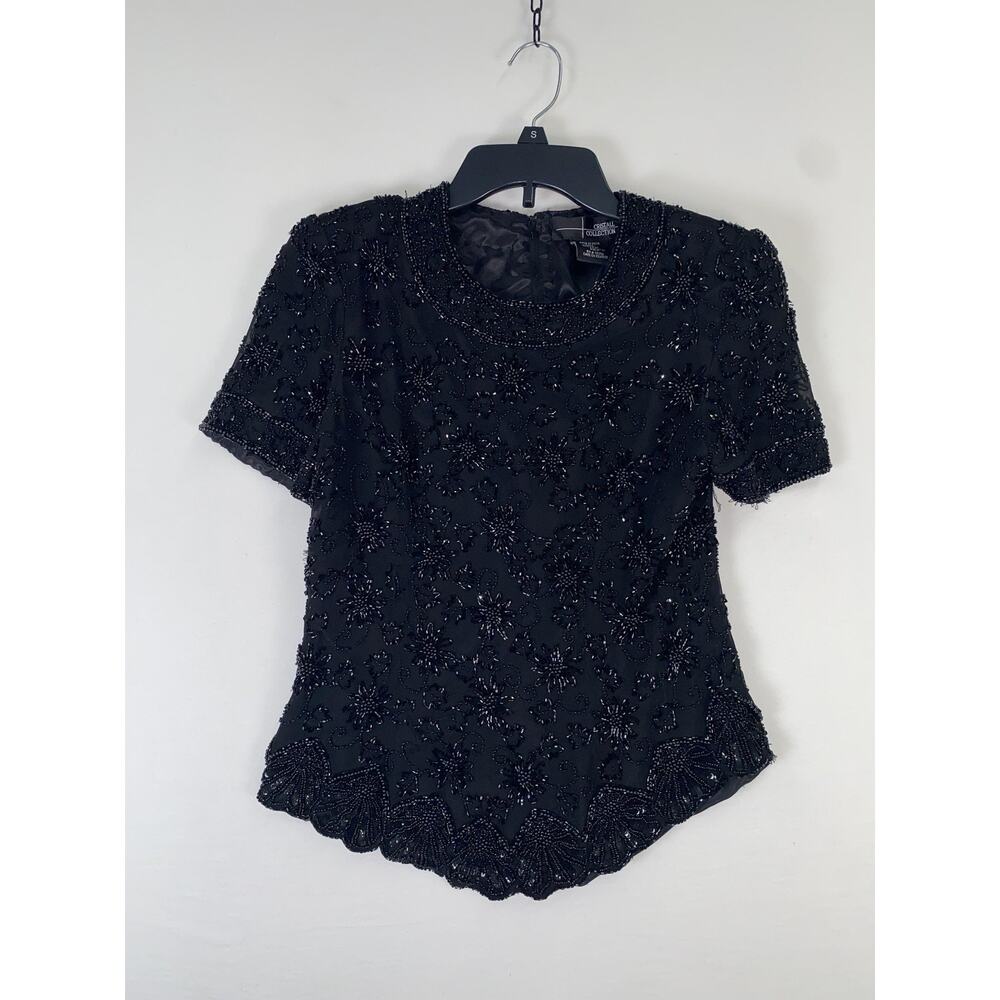 Cristall Collection Blouse Womens Medium Black Beaded Floral Silk Top Party